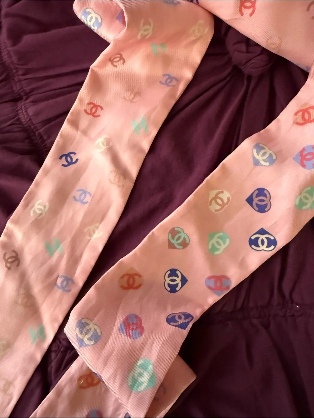CHANEL Pink Multicolor Logo Silk Twilly Scarf